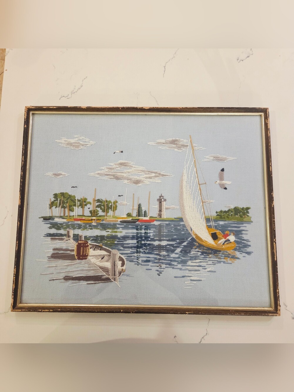 VTG 1978 Signed Crewel Embroidery Nautical Sailboat Harbor Scene Framed  Signed